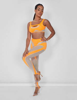 Mesh Illusion Insert Sleeveless Crop Top Orange