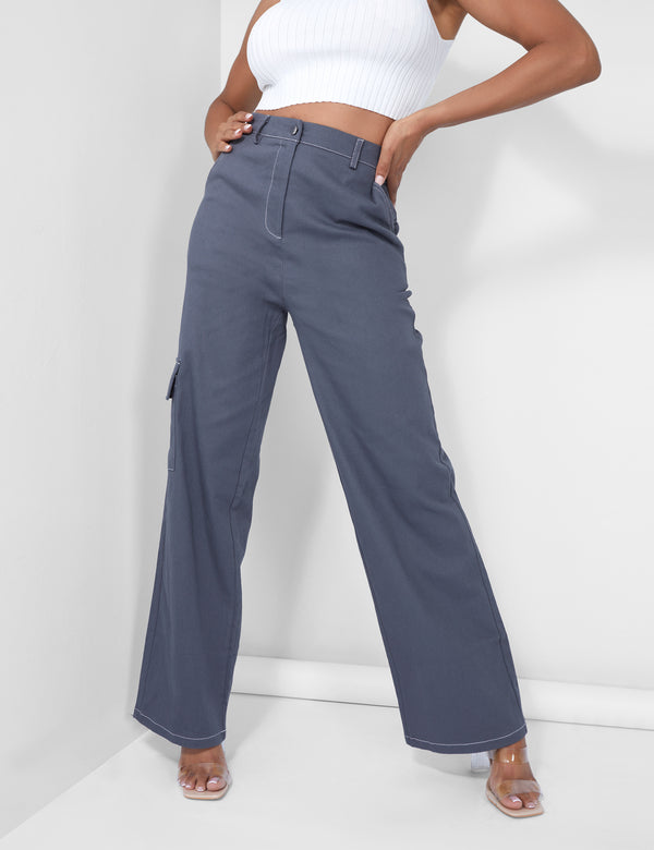 Denim Contrast Stitch Cargo Jeans Grey