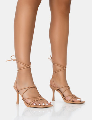 Duet Nude Knot Strappy Lace Up Square Toe Mid Heels