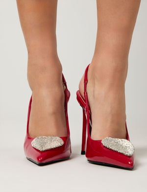 Elvis Red Patent Diamante Heart Brooch Slingback Pointed Toe Court High Heels