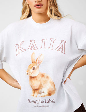 Kaiia Oversized Bunny Graphic T-Shirt Light Grey Marl