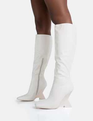 Vanessa Ecru PU Inverted Wedge Square Toe Heeled Knee High Boots