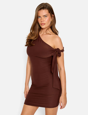 Knot Detail Asymmetric One Shoulder Luxe Slinky Mini Dress Chocolate
