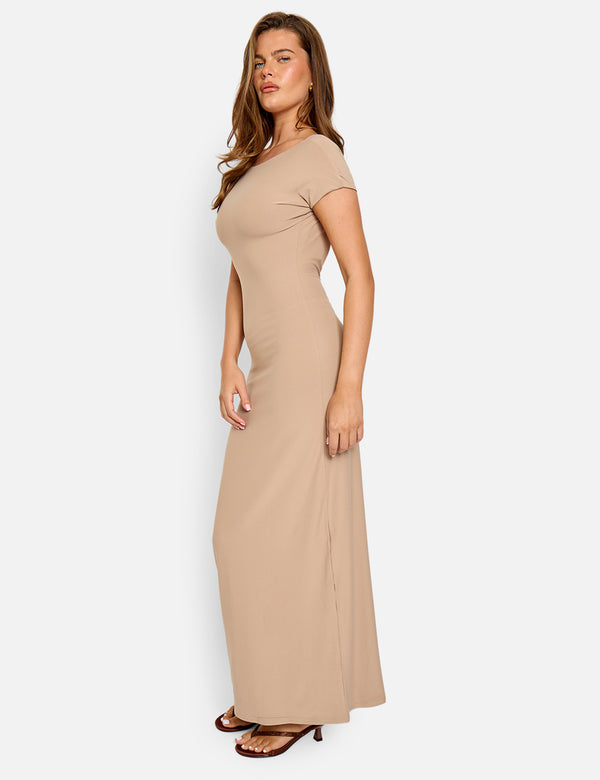 Slinky Open Back Detail Luxe Maxi Dress Stone