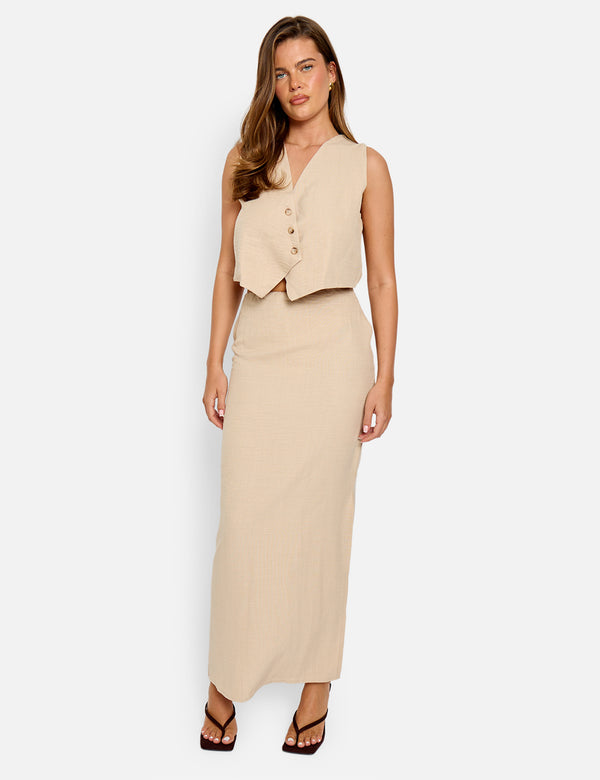 Linen Look Asymmetric Button Down Waistcoat Co-ord Beige