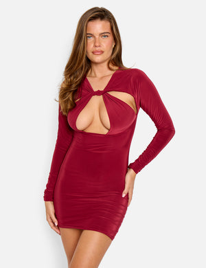Twist Detail Plunge Mini Dress Burgundy