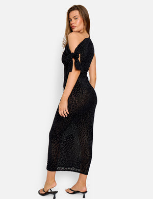 Knot Detail Asymmetric One Shoulder Maxi Dress Devore Leopard Black
