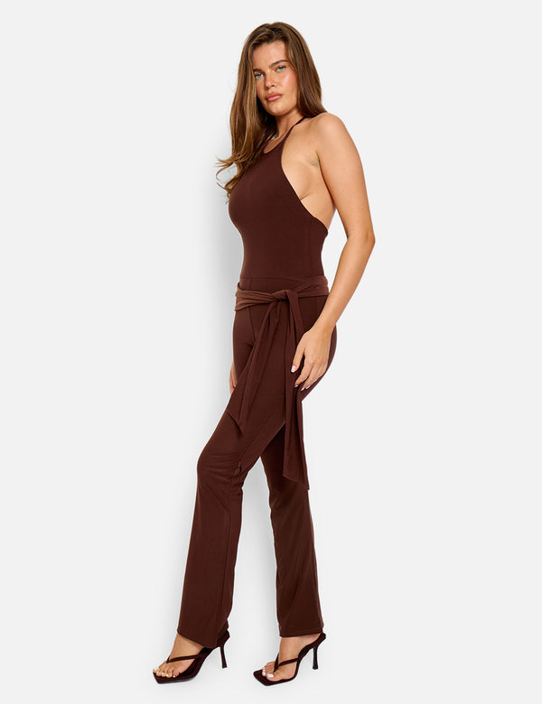 Tie Back Belted Jumpsuit Chocolate