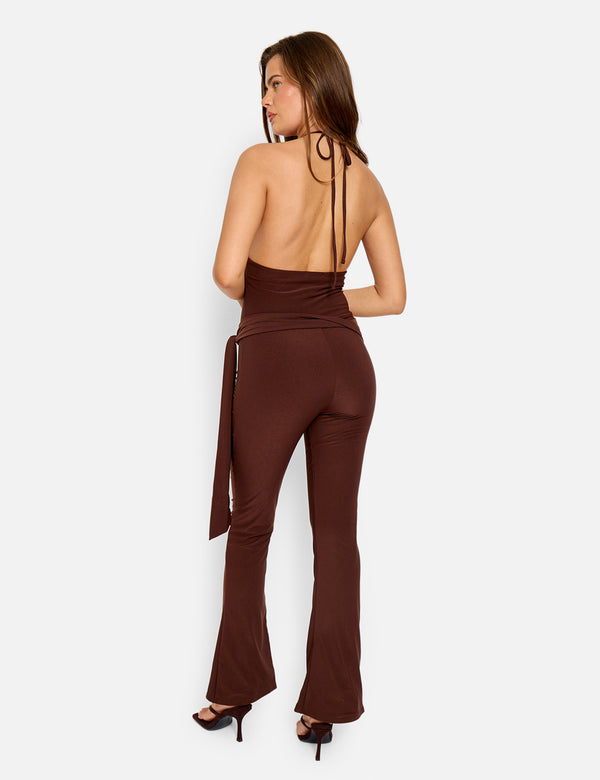 Tie Back Belted Jumpsuit Chocolate