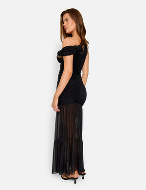 Slinky Bardot Fold Over Mesh Hem Maxi Dress Black