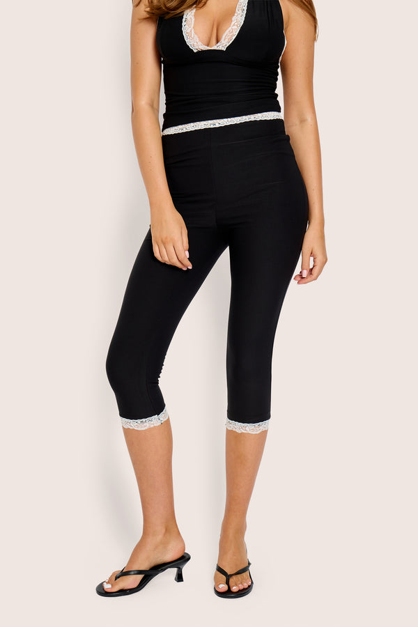 High Waist White Lace Trim Luxe Slinky Capri Pant Black