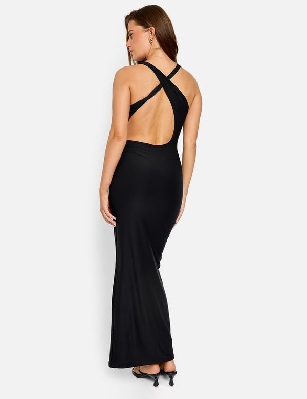 Cross Over Back Detail Luxe Slinky Maxi Dress Black