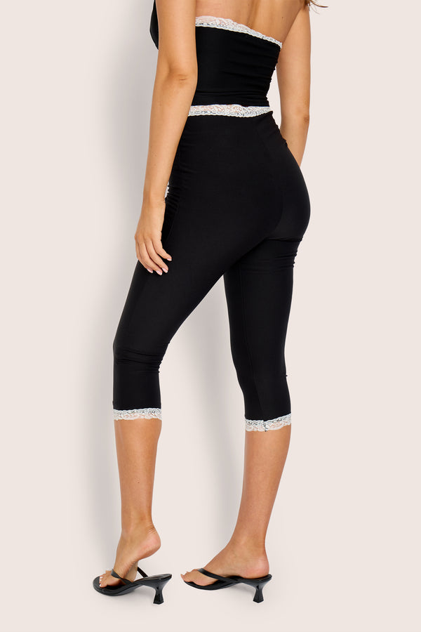 High Waist White Lace Trim Luxe Slinky Capri Pant Black