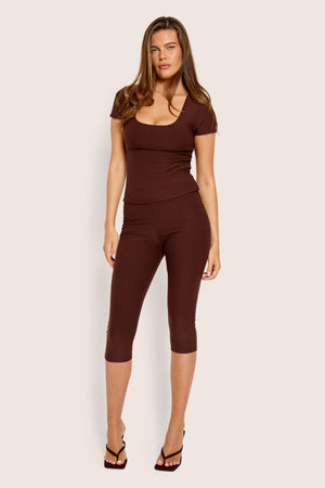 Scoop Neck Luxe Slinky Cap Sleeve Top Brown