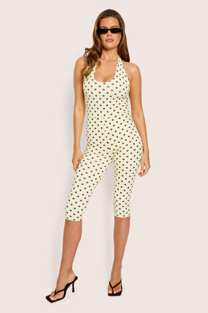 Halterneck Luxe Slinky Polka Dot Capri Jumpsuit Yellow And Brown