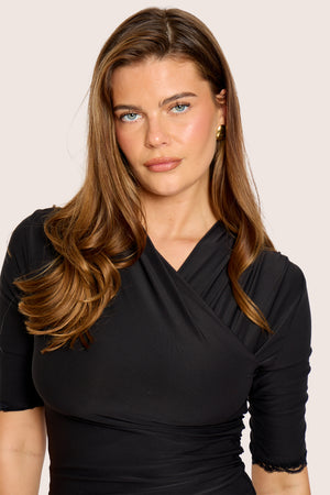 Lace Trim Three Quarter Sleeve Ruched Neck Luxe Slinky Mini Dress Black
