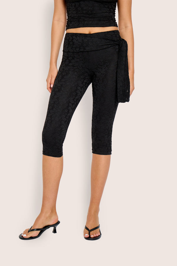 High Waist Lace Knot Tie Capri Black