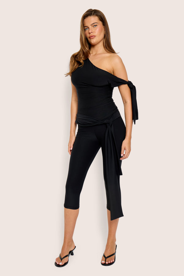 Knot Detail Tie Side Luxe Slinky Capri Pants Black