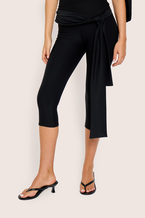 Knot Detail Tie Side Luxe Slinky Capri Pants Black
