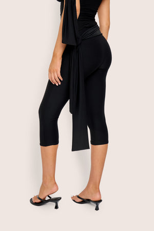 Knot Detail Tie Side Luxe Slinky Capri Pants Black