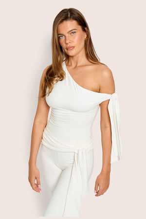 Knot Detail Asymmetric One Shoulder Luxe Slinky Top White