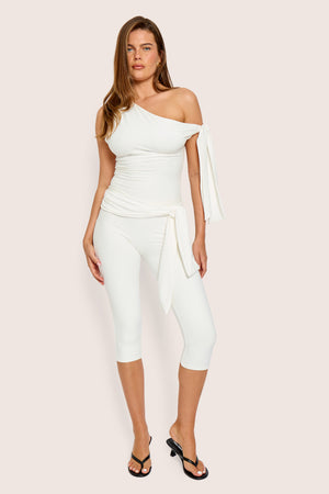 Knot Detail Tie Side Luxe Slinky Capri Pants White