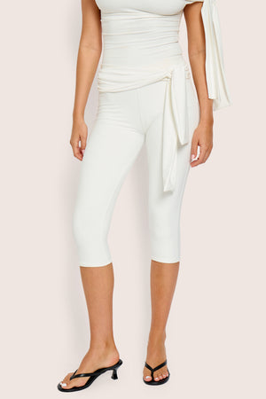 Knot Detail Tie Side Luxe Slinky Capri Pants White