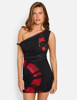 Twist Strap Snake Print Dress Black & Red