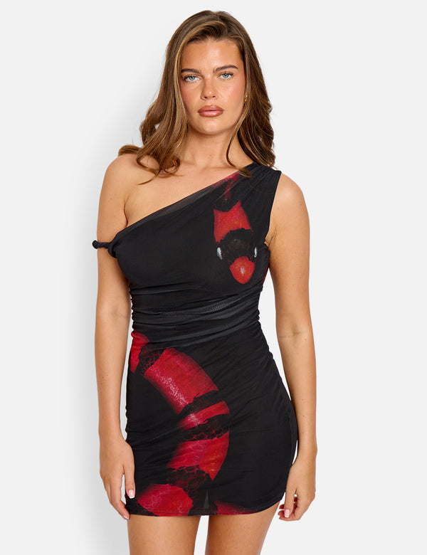 Twist Strap Snake Print Dress Black & Red