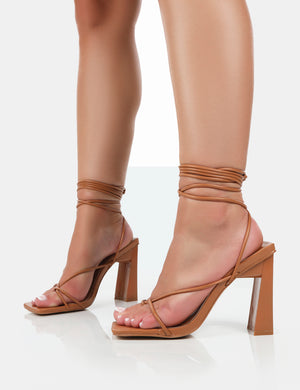 Viva Wide Fit Caramel Pu Square Toe Strappy Lace Up Stiletto Thin Block Heels
