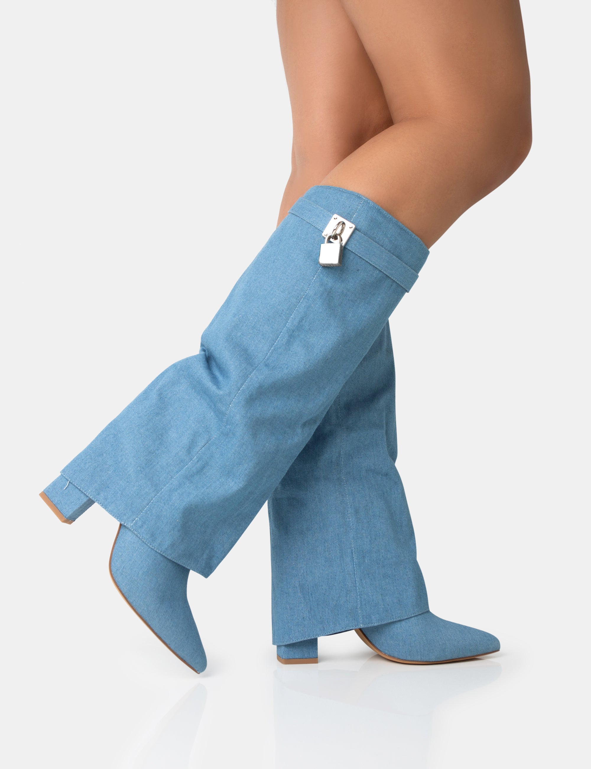 The Knee Boots Long Denim Boots Echo Blue Denim Padlock Detail