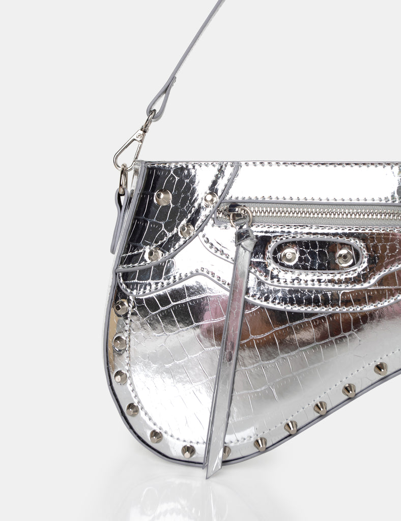 The Fox Metallic Silver Croc Studded Saddle Shoulder Bag | Public Desire