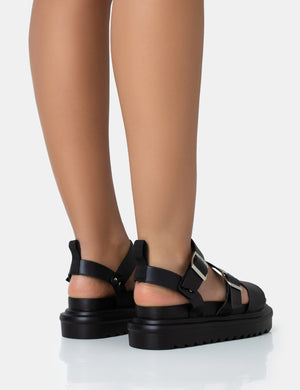 Macy Black Pu Chunky Buckle Strap Sandals