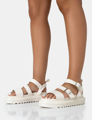 Macy Ecru PU Chunky Buckle Strap Sandals
