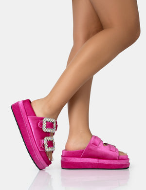 Lozzy Pink Velvet Diamante Buckle Double Strap Platform Slider Sandals