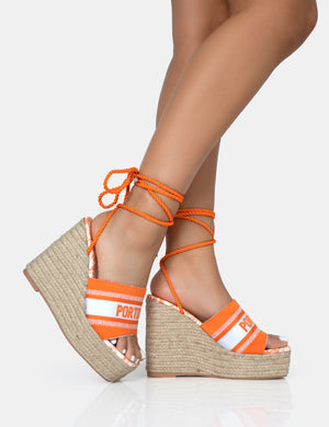 Take Off Orange Embroidered Portofino Lace Up Raffia Square Toe Wedge Heels