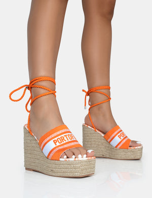 Take Off Orange Embroidered Portofino Lace Up Raffia Square Toe Wedge Heels