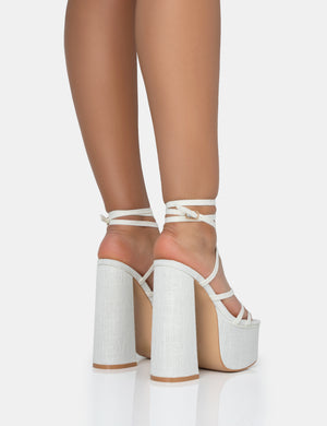 Suki Ecru Linen Strappy Platform Square Toe Block Heels