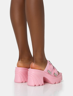 Oslo Pink Buckle Mule Platform Mid Heel Sandals