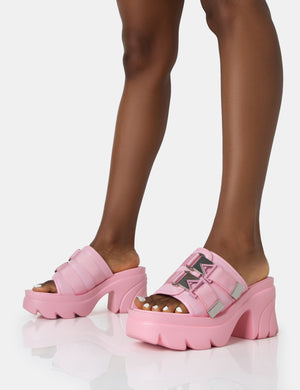 Oslo Pink Buckle Mule Platform Mid Heel Sandals