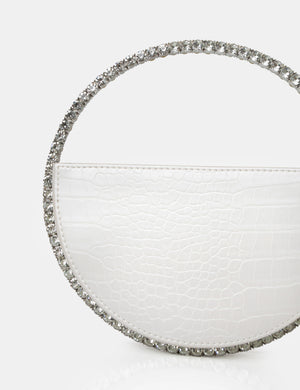 The Alessia White Croc Pu Circle Diamante Grab Bag