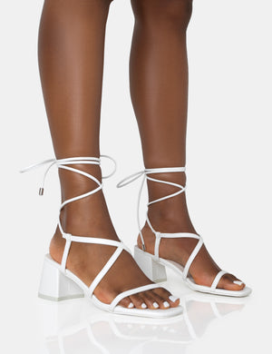 Mabel Wide Fit White Pu Ankle Tie Mid Block Heeled Sandals