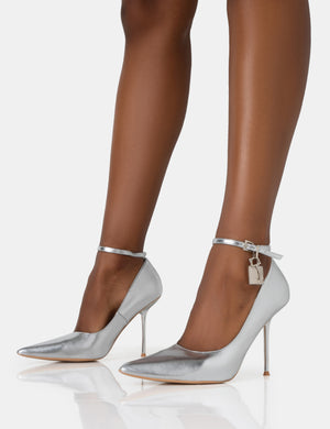 Lotty Metallic Silver Padlock Ankle Detail Pointed Court Stiletto Heels