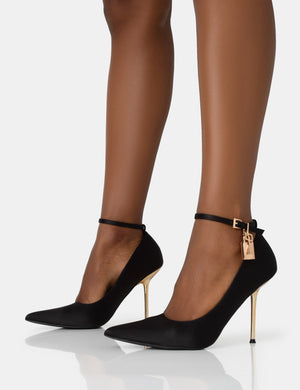 Lotty Black Satin Padlock Ankle Detail Pointed Court Stiletto Heels