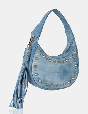 The Cato Washed Blue Denim Bleached Studded Tassel Boho Shoulder Bag