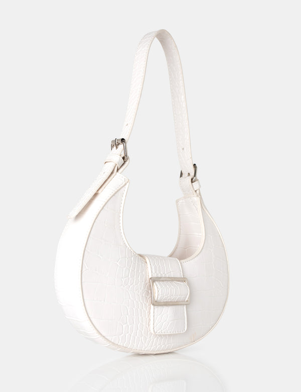 The Sicily White Croc Pu Buckle Feature Hobo Shoulder Bag