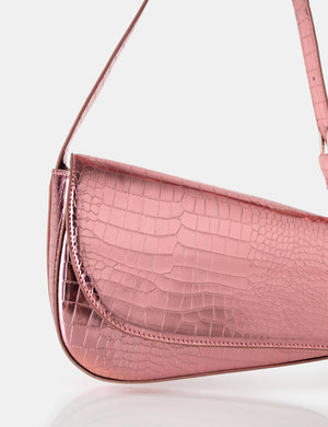 Loz Metallic Pink Croc Asymmetric Shoulder Bag
