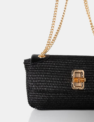 The Mara Black Raffia Gold Chain Detail Adjustable Shoulder Bag
