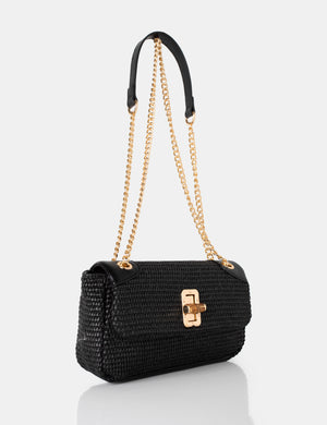 The Mara Black Raffia Gold Chain Detail Adjustable Shoulder Bag