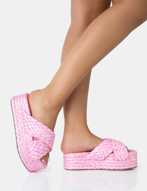Kos Pink Raffia Cross Over Strap Slip On Flatform Sandals
